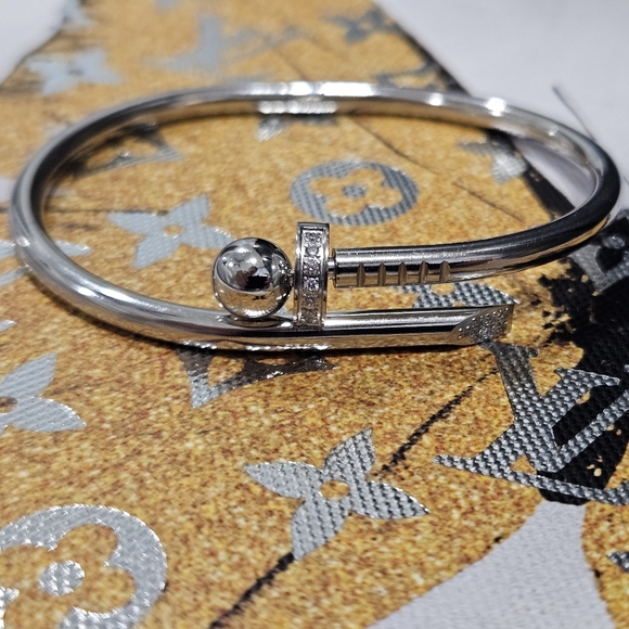 Jewelry - NEW Stainless Steel Silver-Tone Bent Nail Bangle Bracelet with Crystal Accents